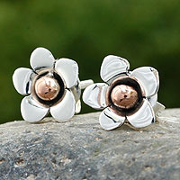 Silver button earrings, 'Taxco Wildflower' - Hand Made Floral Fine Silver Button Earrings from Mexico