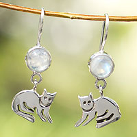 Moonstone dangle earrings, 'Cool Kitty Cat' - Sterling Silver and Moonstone Kitten Earrings