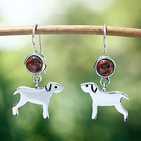 Garnet dangle earrings, 'Pampered Puppy Dog' - Dog Garnet Sterling Silver Dangle Earrings Mexico