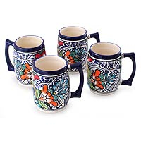 Ceramic beer mugs Floral Fiesta set of 4 Mexico