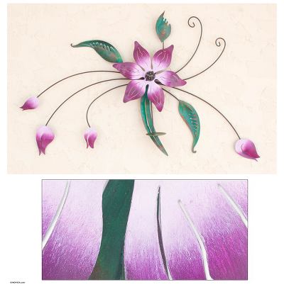 Iron candleholder, 'Precious Violets' - Collectible Floral Steel Candleholder for the Wall