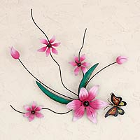 Iron wall sculpture, 'Butterfly Bouquet' - Pink Flowers Handmade Painted Iron Wall Sculpture Mexico