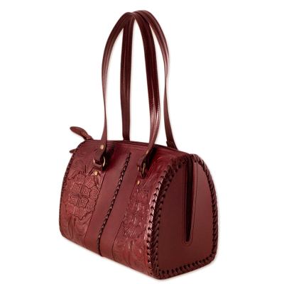 Leather shoulder bag, 'Tonala Burgundy' - Artisan Crafted Leather Shoulder Bag from Mexico