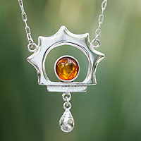 Amber pendant necklace, 'Leo Sun' - Unique Sterling Silver Sunshine Necklace with Amber