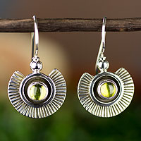 Peridot dangle earrings, 'Teotihuacan Suns' - Artisan Crafted Earrings with Peridot and Sterling Silver