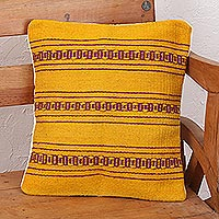 Zapotec wool cushion cover, 'Zapotec Energy' - Handcrafted Wool Zapotec Yellow Cushion Cover
