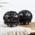 Ceramic tealight candleholders, 'Floral Harmony' (pair) - Oaxaca Black Pottery T-light Candleholders (pair) (image 2) thumbail