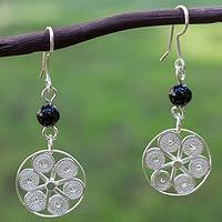 Sterling silver and onyx filigree earrings,