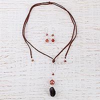 Leather and smoky quartz jewelry set,