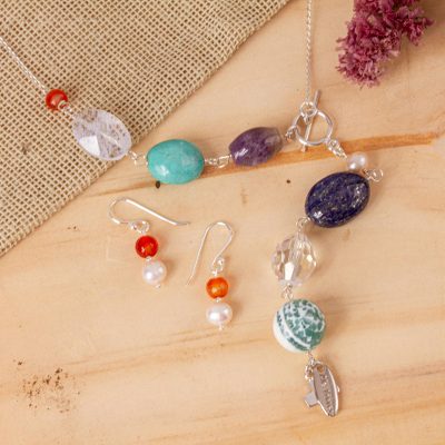 Cultured pearl and multi-gem jewelry set, 'Happy Sophistication' - Handcrafted Pearl and Multi Gems Silver Jewelry Set