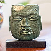 Sculpture, 'Olmec Mortuary Mask' - Green Mask Sculpture with Wood Stand