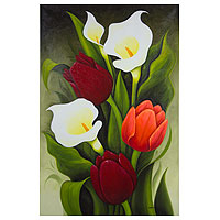 'Tulips and Calla Lilies I' - Limited Edition Floral Oil Painting from Mexico