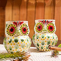 Majolica ceramic mugs Owl Hospitality pair Mexico