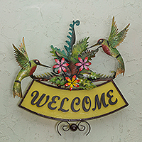 Iron welcome sign, 'Happy Hummingbirds' - Iron Birds and Flowers on Hand Crafted Welcome Sign