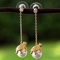 Gold plated and faux pearl dangle earrings,