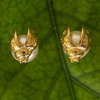 Gold plated faux crystal pearl button earrings,
