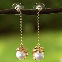 Gold plated faux pearl dangle earrings,