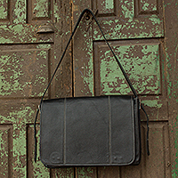 Leather briefcase, 'Success' - Handmade Black Leather Professional Style Modern Briefcase