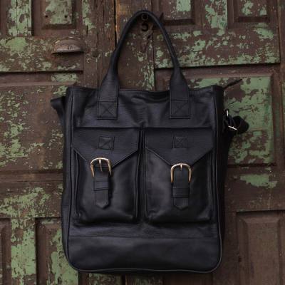 Leather travel bag, 'Globetrotter' - Roomy Black Leather Handcrafted Travel Tote with 6 Pockets