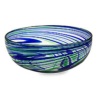 Blown glass salad bowl, 'Elegant Energy' - Hand Crafted Blown Glass Salad Bowl in Blue and Green Swirls