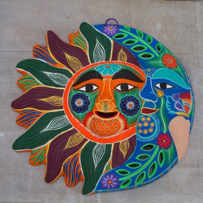Ceramic wall adornment, 'Happy Eclipse' - Sun and Moon Hand Crafted Multicolor Ceramic Wall Adornment