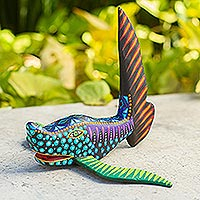 Alebrije wood statuette, 'Vigilant Shark' - Artisan Crafted Multicolored Alebrije Shark Wood Sculpture
