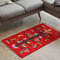 Zapotec wool rug, 'Scarlet Staff of Life' (2x3.5) - Artisan Crafted Red Wool Area Rug with Birds (2x3.5)