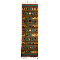Zapotec wool rug Azure Star 2.5x10 Mexico