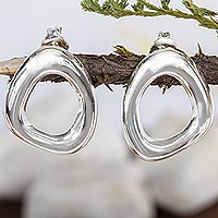 Sterling silver button earrings, 'Shine' - Modern Free Form Taxco Silver Button Earrings from Mexico