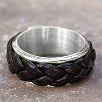 Men's sterling silver and leather ring, 'Sierra' - Fair Trade Men's Sterling Silver Leather Band Ring