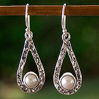Cultured pearl dangle earrings, 'Luminous Rain' - Handcrafted Textured Taxco Silver and White Pearl Earrings