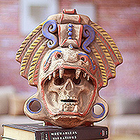 Ceramic mask, 'Quetzalcoatl Warrior' - Handcrafted Mexican Ceramic Skull and Serpent Mask