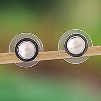 Sterling silver button earrings, 'Lunar Shadow' - Taxco Jewelry Sterling Silver Button Earrings