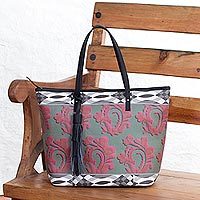 Leather accent tote handbag,