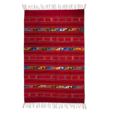 Zapotec wool rug, 'Crimson Lightning' (5x8) - Authentic Geometric Handwoven Zapotec Wool Area Rug (5x8)