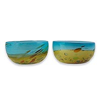 Blown glass bowls Amber Riviera pair Mexico
