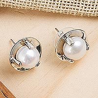 Cultured pearl button earrings,