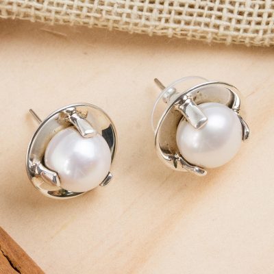 Cultured pearl button earrings, Light of Taxco