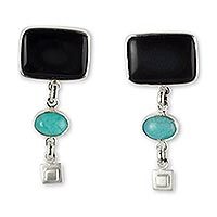 Obsidian and amazonite dangle earrings,