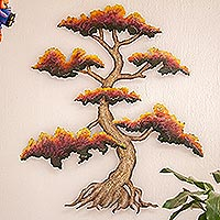 Steel wall art, 'Red Bonsai' - Artisan Crafted Steel Wall Sculpture of a Tree