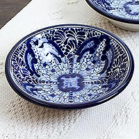 Ceramic bowls, 'Puebla Kaleidoscope' (pair) - Talavera Style Ceramic Blue Floral Bowls(Pair)