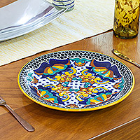 Ceramic dinner plates, 'Zacatlan Flowers' (pair) - Artisan Crafted Ceramic 12-inch Dinner Plates (Pair)