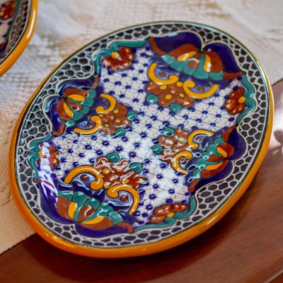 Oval ceramic platter, 'Zacatlan Flowers' - Artisan Crafted Ceramic 13 Inch Oval Serving Plate