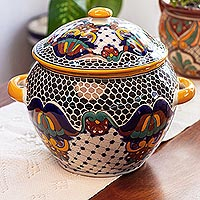 Ceramic tureen, 'Zacatlan Flowers' - Talavera Style Ceramic Handcrafted Soup Tureen