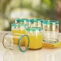 Blown glass juice glasses, 'Aquamarine Kiss' (set of 6) - Set of 6 Clear with Aqua Rim Hand Blown 8 oz Juice Glasses