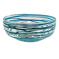 Blown glass salad bowl Aquamarine Swirl Mexico