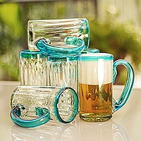 Blown glass beer mugs Aquamarine Kiss set of 6 Mexico