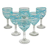 Blown glass wine glasses Aquamarine Swirl set of 6 Mexico