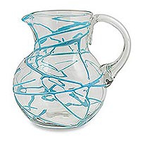 Blown glass pitcher Aquamarine Swirl Mexico