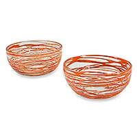 Blown glass bowls Tangerine Swirl pair Mexico